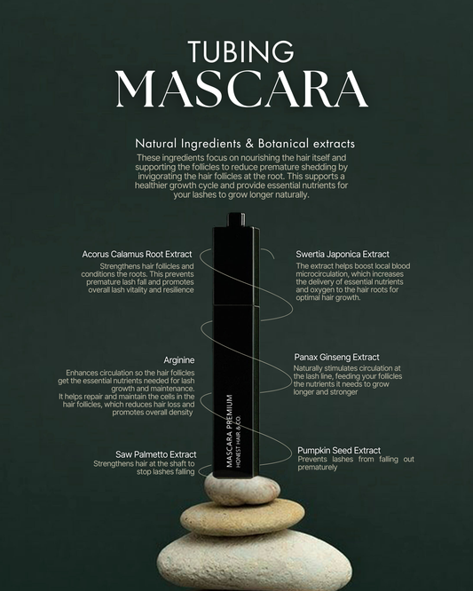 Tubing mascara with natural ingredients on a dark background