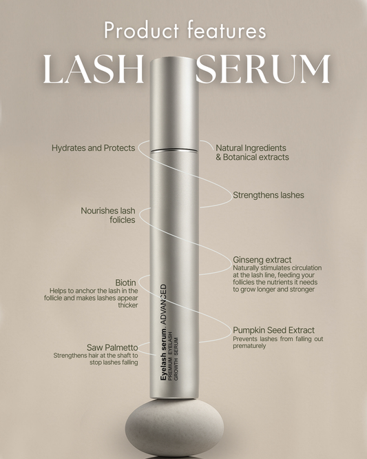 Lash serum with features listed on a beige background, natural ingredients, no hormones, vegan, cruelty free