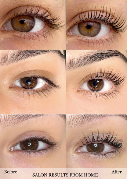 Before and After results of using the Lash Lift Kit and home. The results look professional and salon like. 