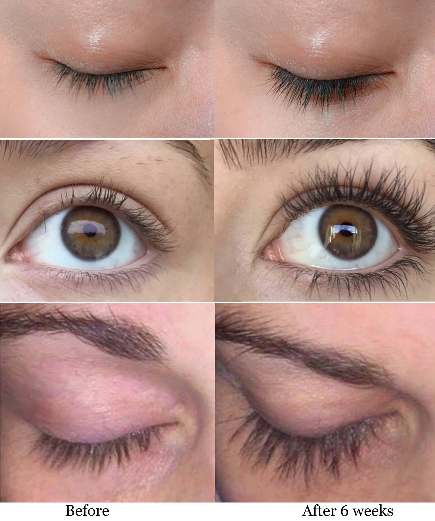 Before and after comparison of eye lashes. Showing results of using eyelash growth serum