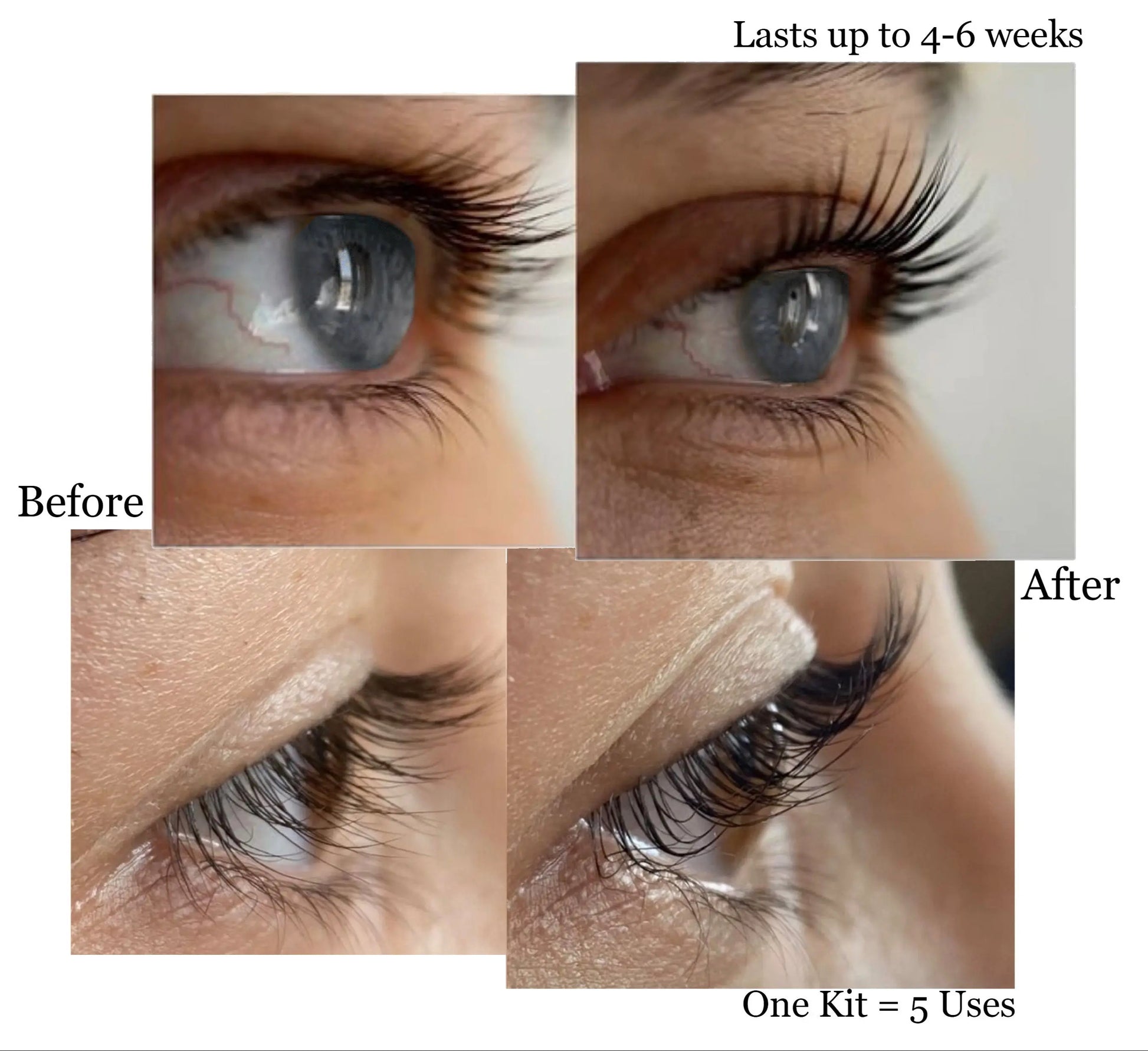 Before and after comparison of eyelash lift kit and results. 