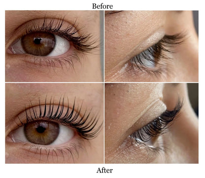 Before and after comparison of eyelash lifts showing salon results at home achieved by ordinary people