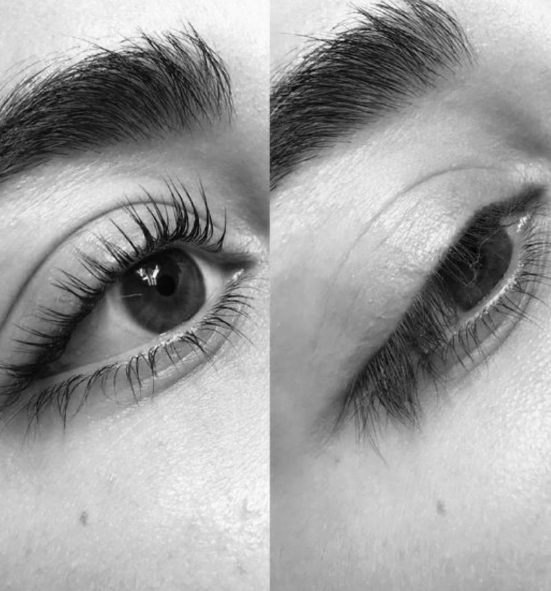 Before and after image of a lash lift. From pin straight lashes to lifted and curled.