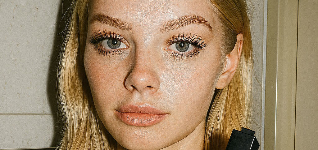 Close up image with a person with long natural eyelashes