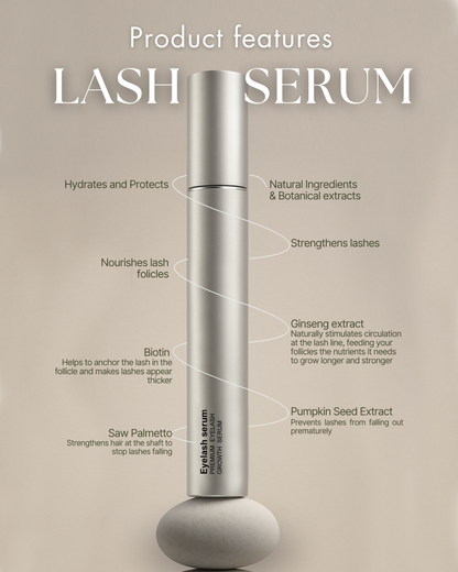 Lash serum with features listed on a beige background, natural ingredients, no hormones, vegan, cruelty free 