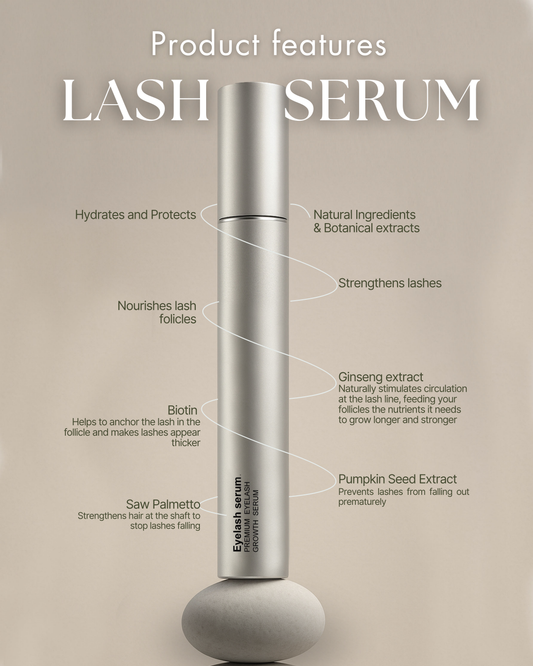 Lash serum with features listed on a beige background, natural ingredients, no hormones, vegan, cruelty free 