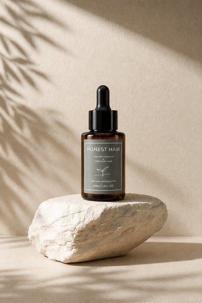 A small amber glass dropper bottle labeled HONEST HAIR Serum sits on a rough light stone against a warm beige background with soft leaf shadows.