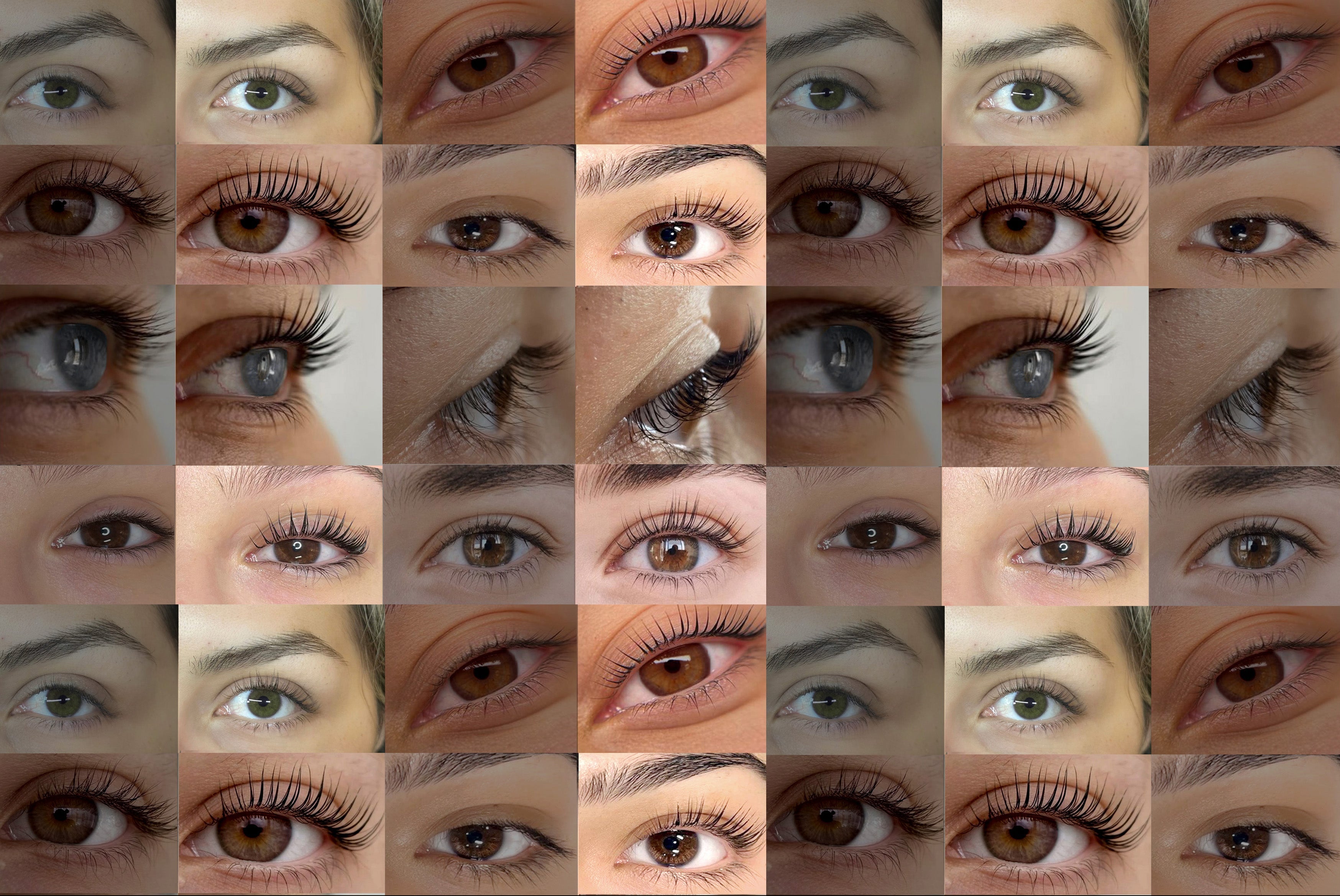 Collage of various eyes of before and after a lash lift 