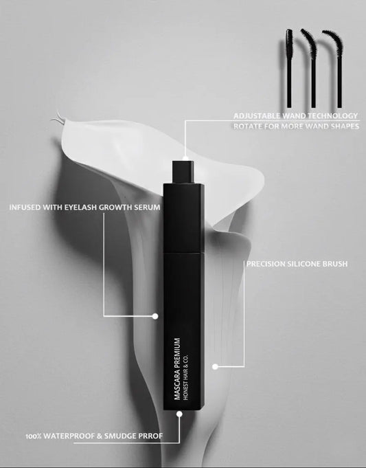 Mascara information chart featuring adjustable wand technology, silicone brush for precision, and infused with lash growth serum with natural ingredients and plant extracts. For all day wear the mascara is water proof and smudge proof. 