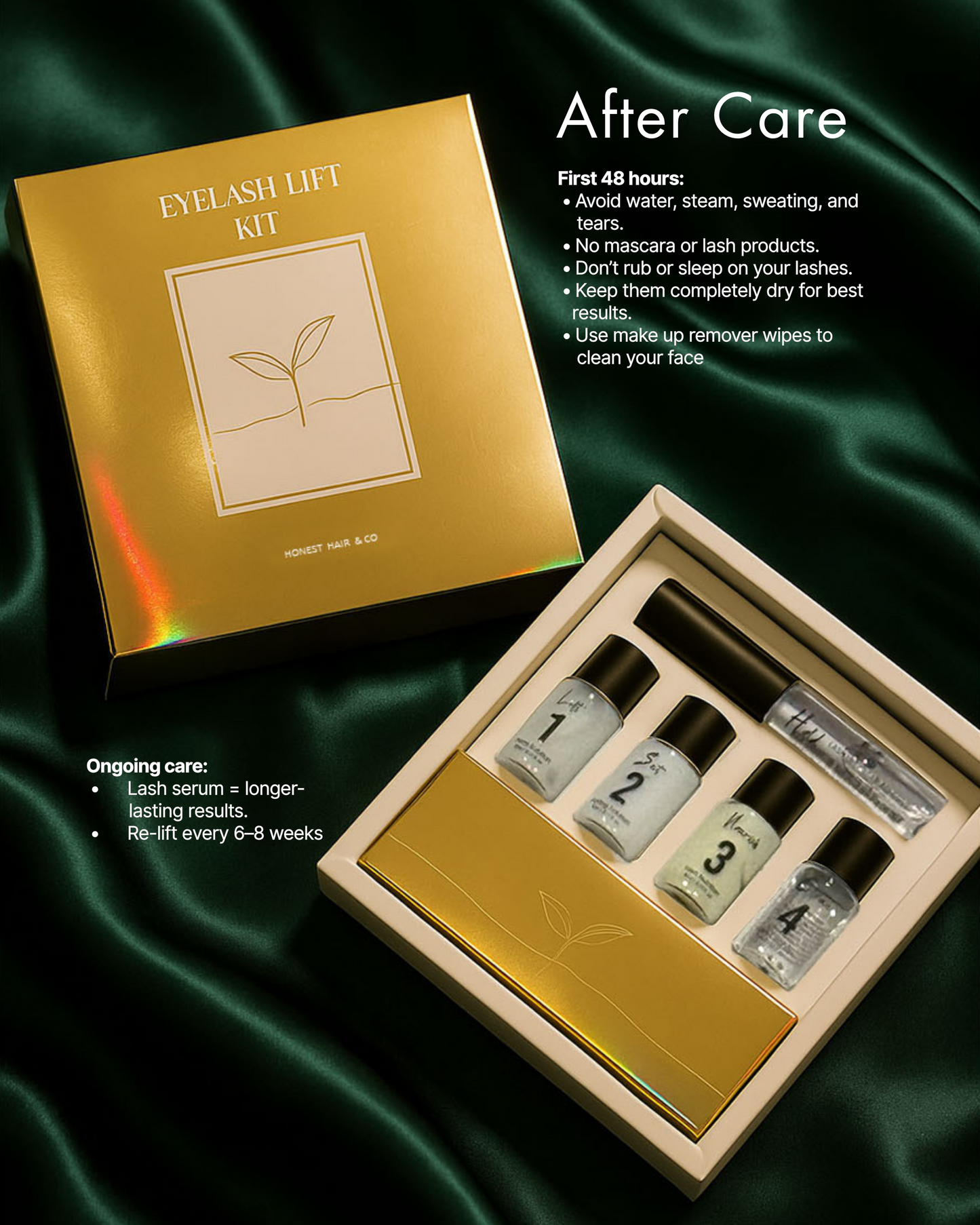 Eyelash lift kit with bottles and a gold box on a green satin background. Luxury cosmetics, natural ingredients, NZ lash lift kit