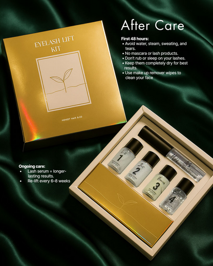 Eyelash lift kit with bottles and a gold box on a green satin background. Luxury cosmetics, natural ingredients, NZ lash lift kit