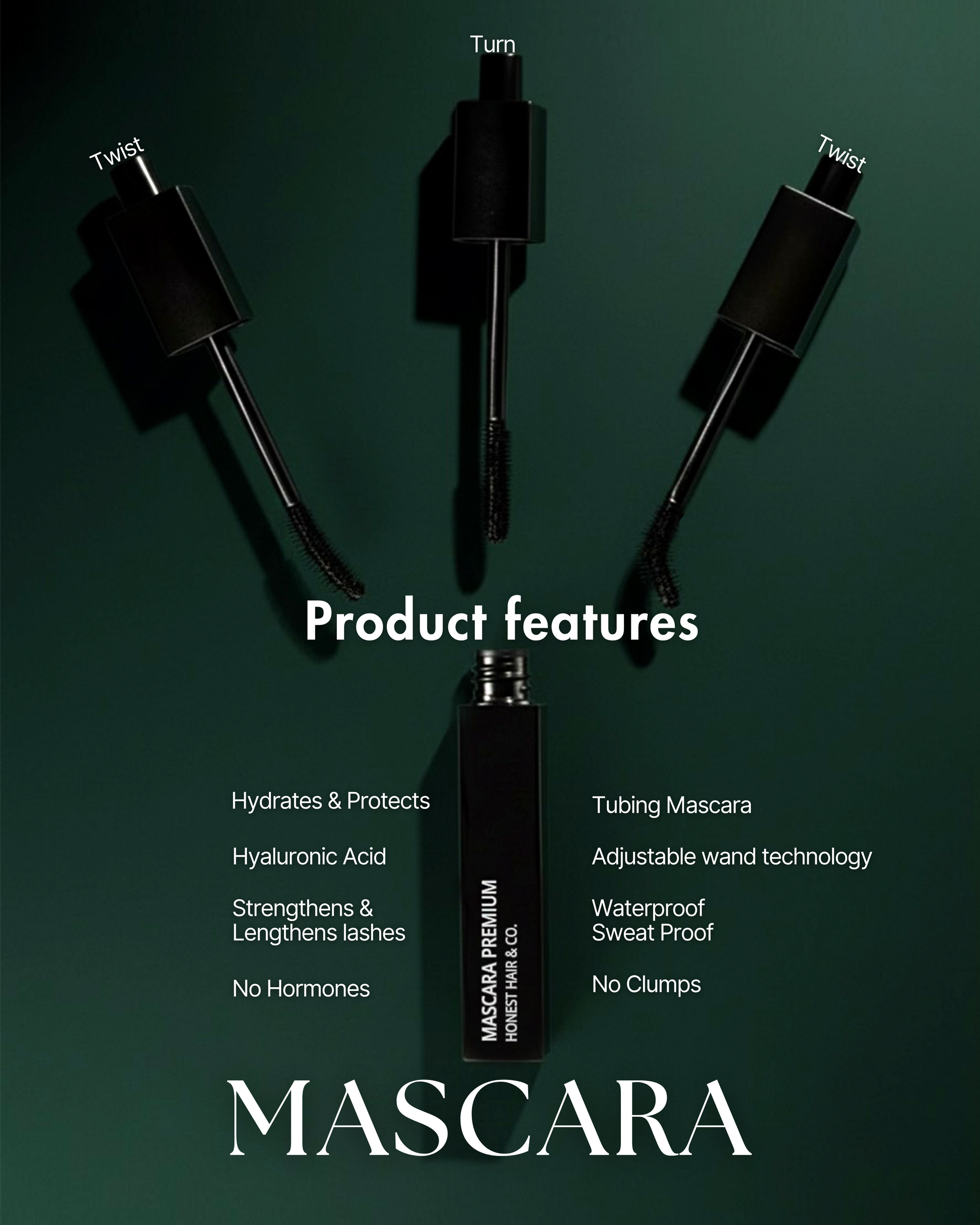 Mascara product with features listed on a dark green background. Products features, ingredients and benefits listed.