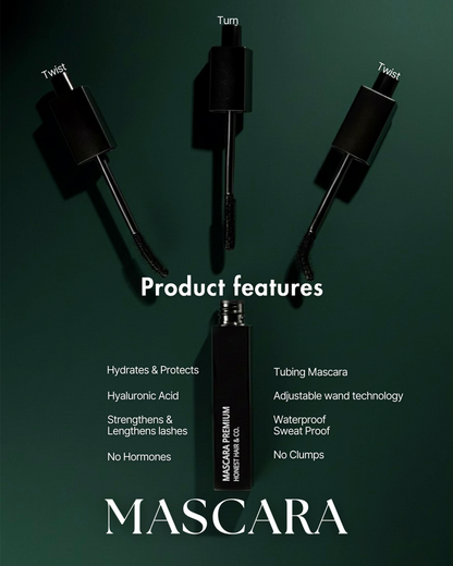 Mascara product with features listed on a dark green background. Products features, ingredients and benefits listed.