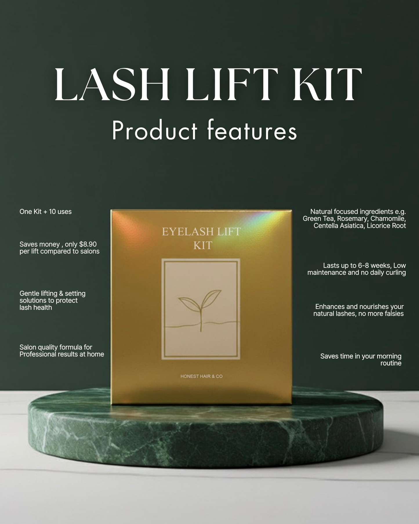 Eyelash lift kit packaging on a green marble surface with product features listed. Product features and ingredients listed