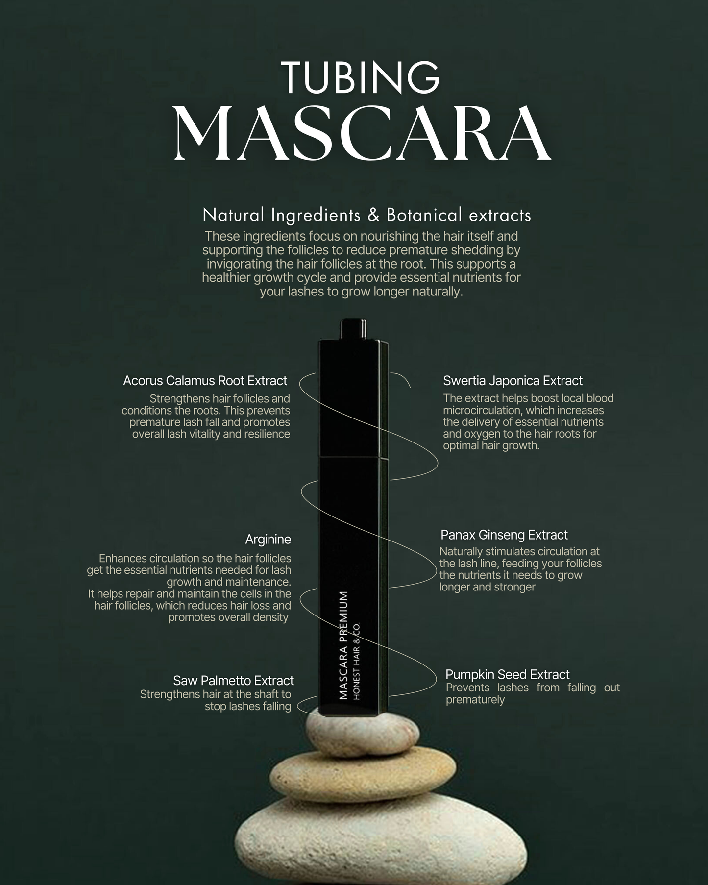 Tubing mascara with natural ingredients on a dark background