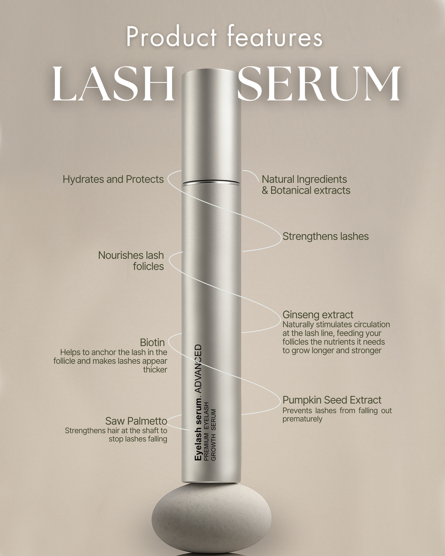 Lash serum with features listed on a beige background, natural ingredients, no hormones, vegan, cruelty free 