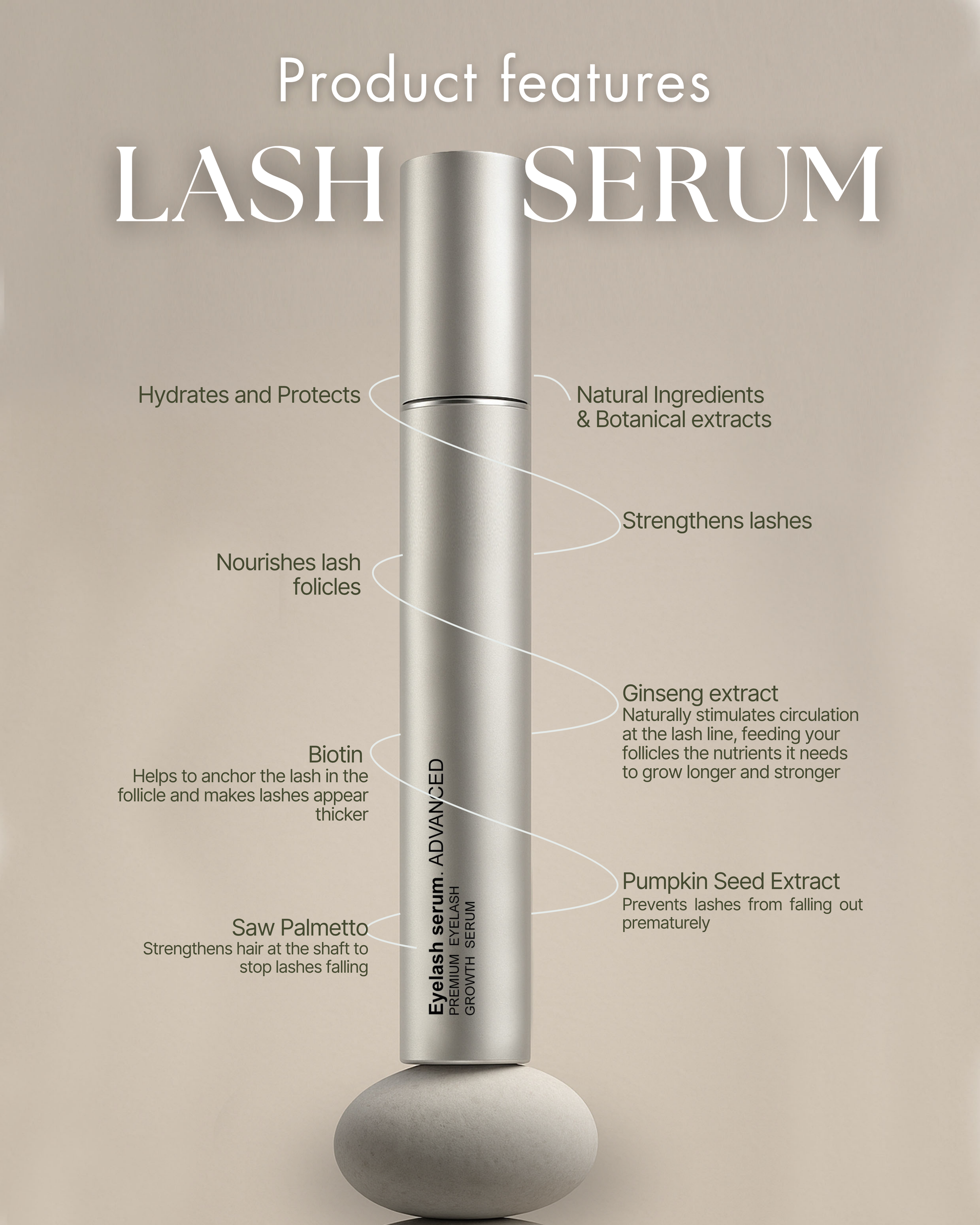 Lash serum with features listed on a beige background, natural ingredients, no hormones, vegan, cruelty free 