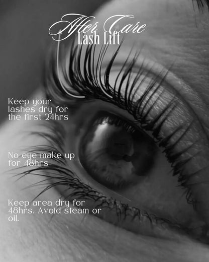 Close-up of an eye with lashes, featuring text about after care for a lash lift. Aftercare instructions after a lash lift
