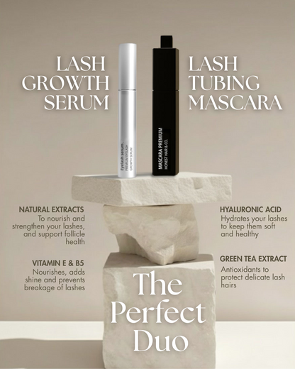 Premium Eyelash Serum eyelash growth serum goes well with the tubing mascara. Together they help to elevate and enhance your natural lashes.
