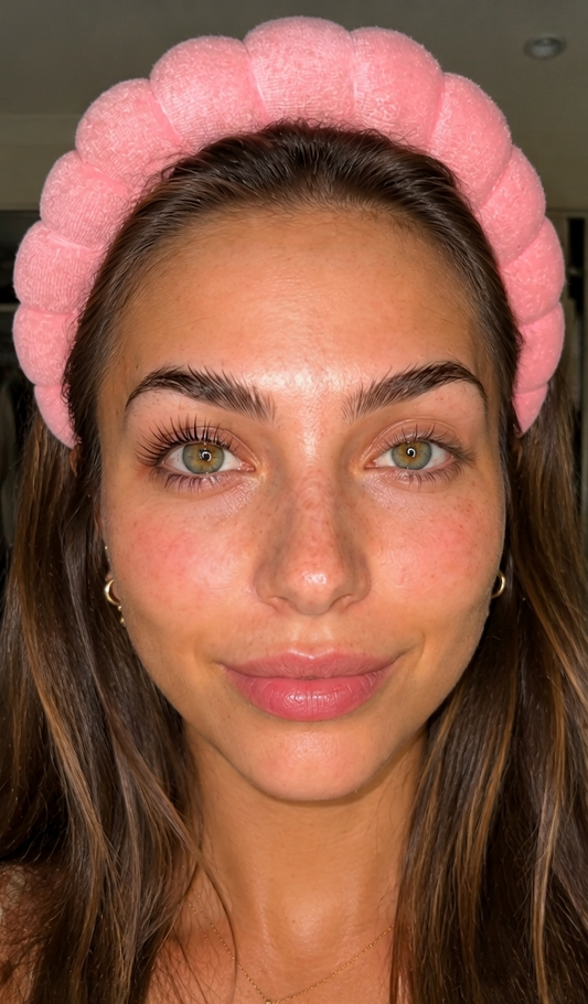 Close-up comparison of one lifted eye and one natural lash